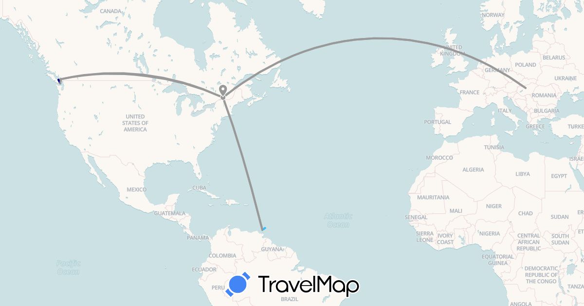 TravelMap itinerary: driving, plane, boat in Canada, Hungary, Trinidad and Tobago (Europe, North America)